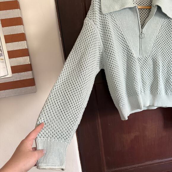 JONATHAN SIMKHAI Blue Ariella Plaited Polo Quarter Zip Sweater Tide White Medium - Picture 4 of 7